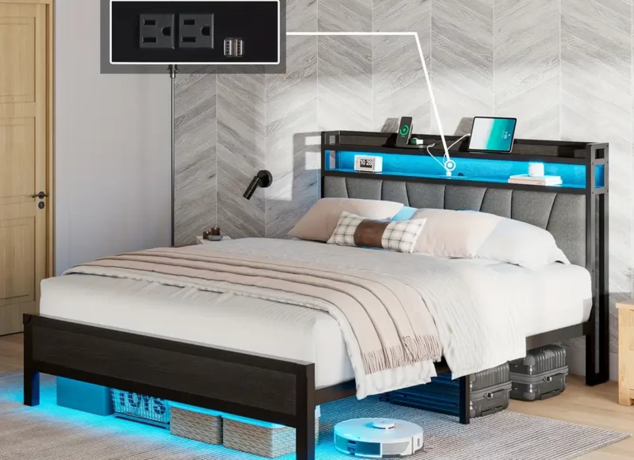 Modern Bed Frame with Storage and RGBW Led (Metal)